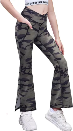 Zaclotre Girls' Flare Leggings with Split Hem Cross High Waist Yoga Bootcut Athletic Kid Bell Bottom Pants with Pockets