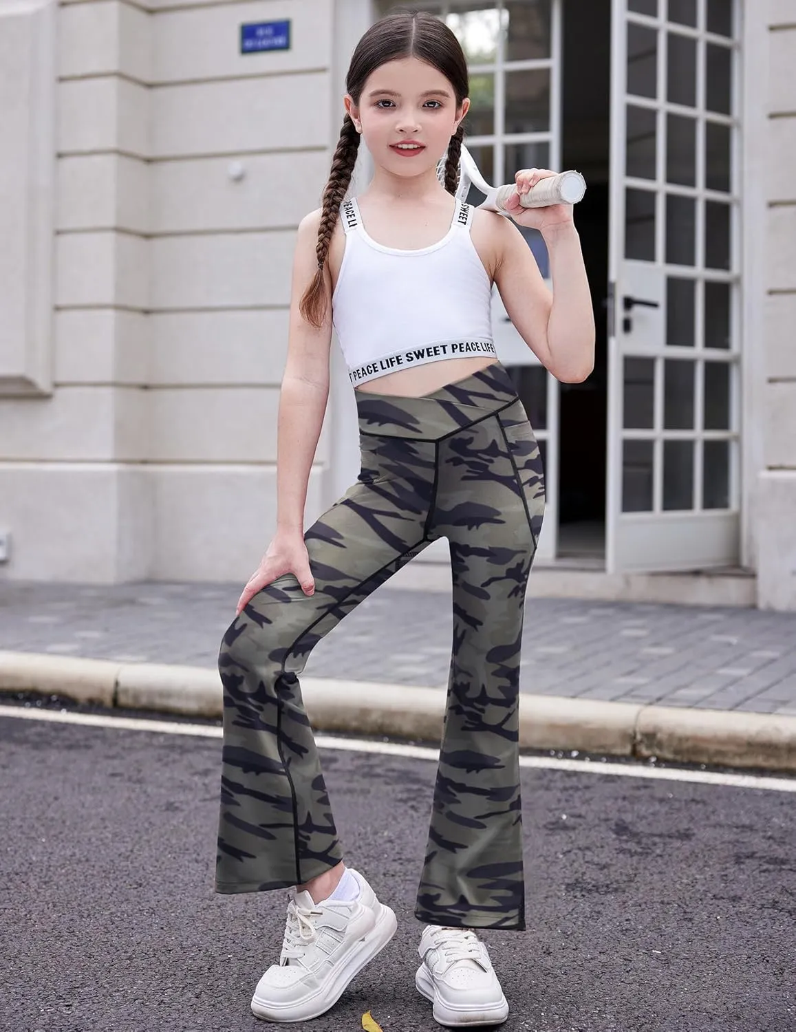 Zaclotre Girls' Flare Leggings with Split Hem Cross High Waist Yoga Bootcut Athletic Kid Bell Bottom Pants with Pockets