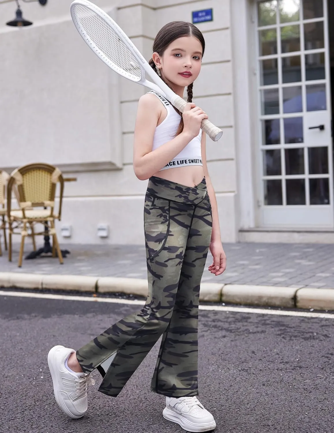 Zaclotre Girls' Flare Leggings with Split Hem Cross High Waist Yoga Bootcut Athletic Kid Bell Bottom Pants with Pockets