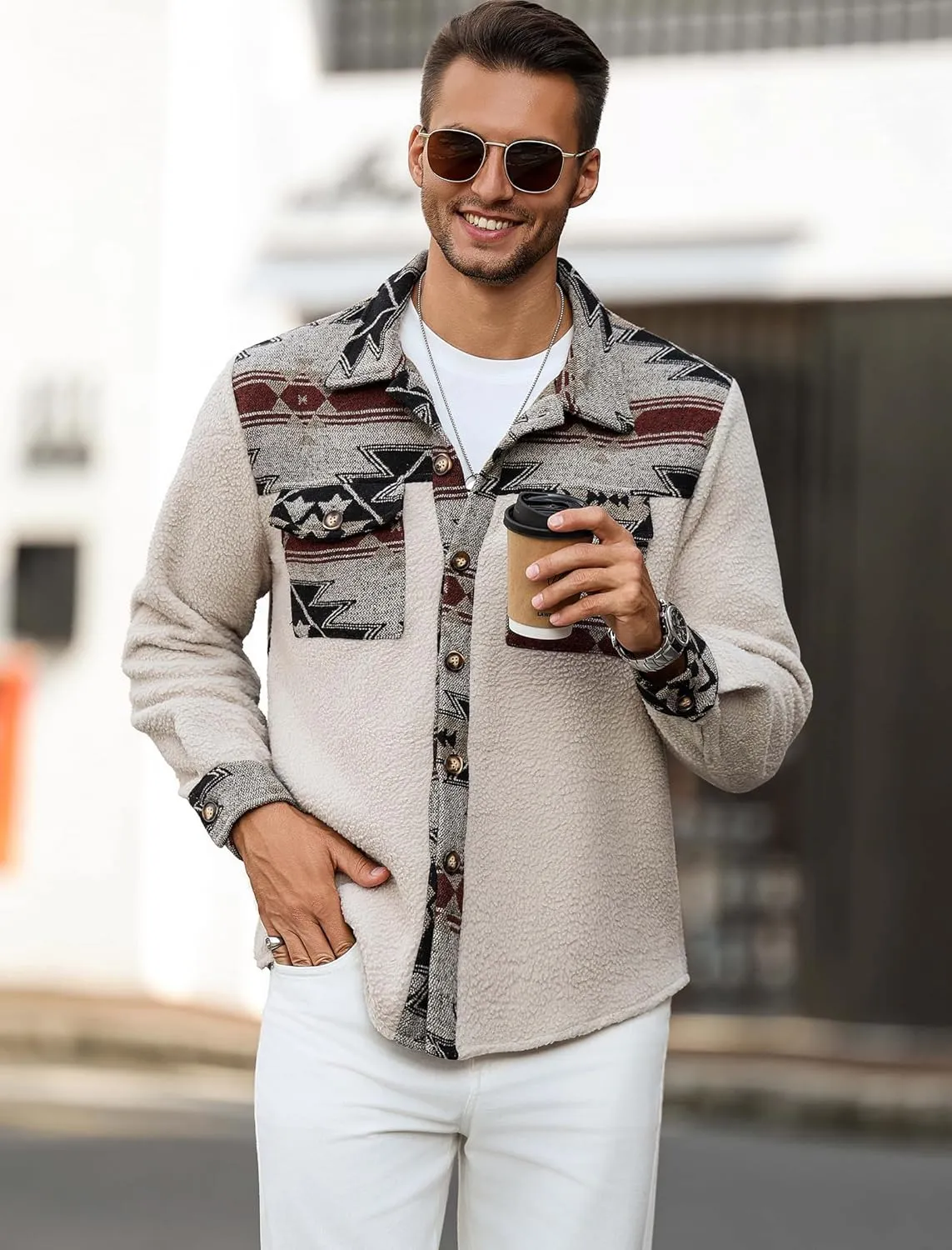 ZAFUL Men's Ethnic Aztec Printed Jacket Coat Flap Pocket Casual Long Sleeve Lightweight Lapel Faux FleeceShacket Top