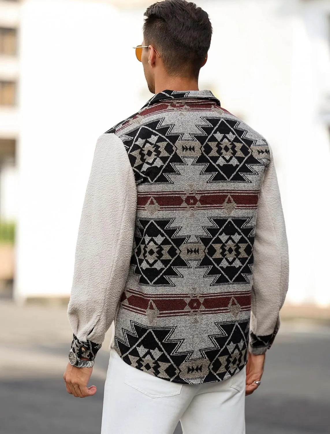 ZAFUL Men's Ethnic Aztec Printed Jacket Coat Flap Pocket Casual Long Sleeve Lightweight Lapel Faux FleeceShacket Top