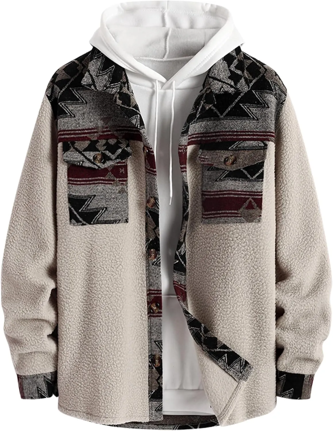 ZAFUL Men's Ethnic Aztec Printed Jacket Coat Flap Pocket Casual Long Sleeve Lightweight Lapel Faux FleeceShacket Top