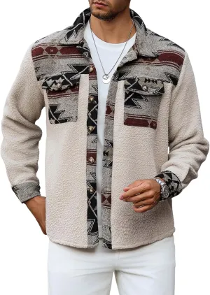 ZAFUL Men's Ethnic Aztec Printed Jacket Coat Flap Pocket Casual Long Sleeve Lightweight Lapel Faux FleeceShacket Top