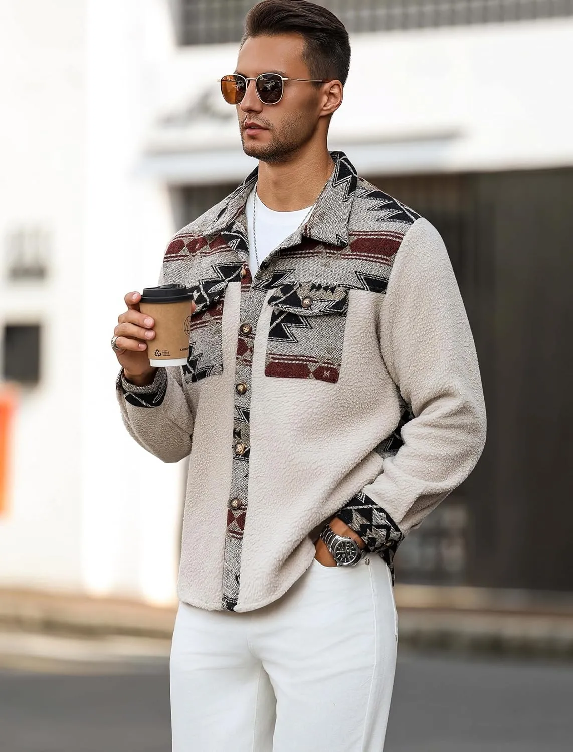 ZAFUL Men's Ethnic Aztec Printed Jacket Coat Flap Pocket Casual Long Sleeve Lightweight Lapel Faux FleeceShacket Top