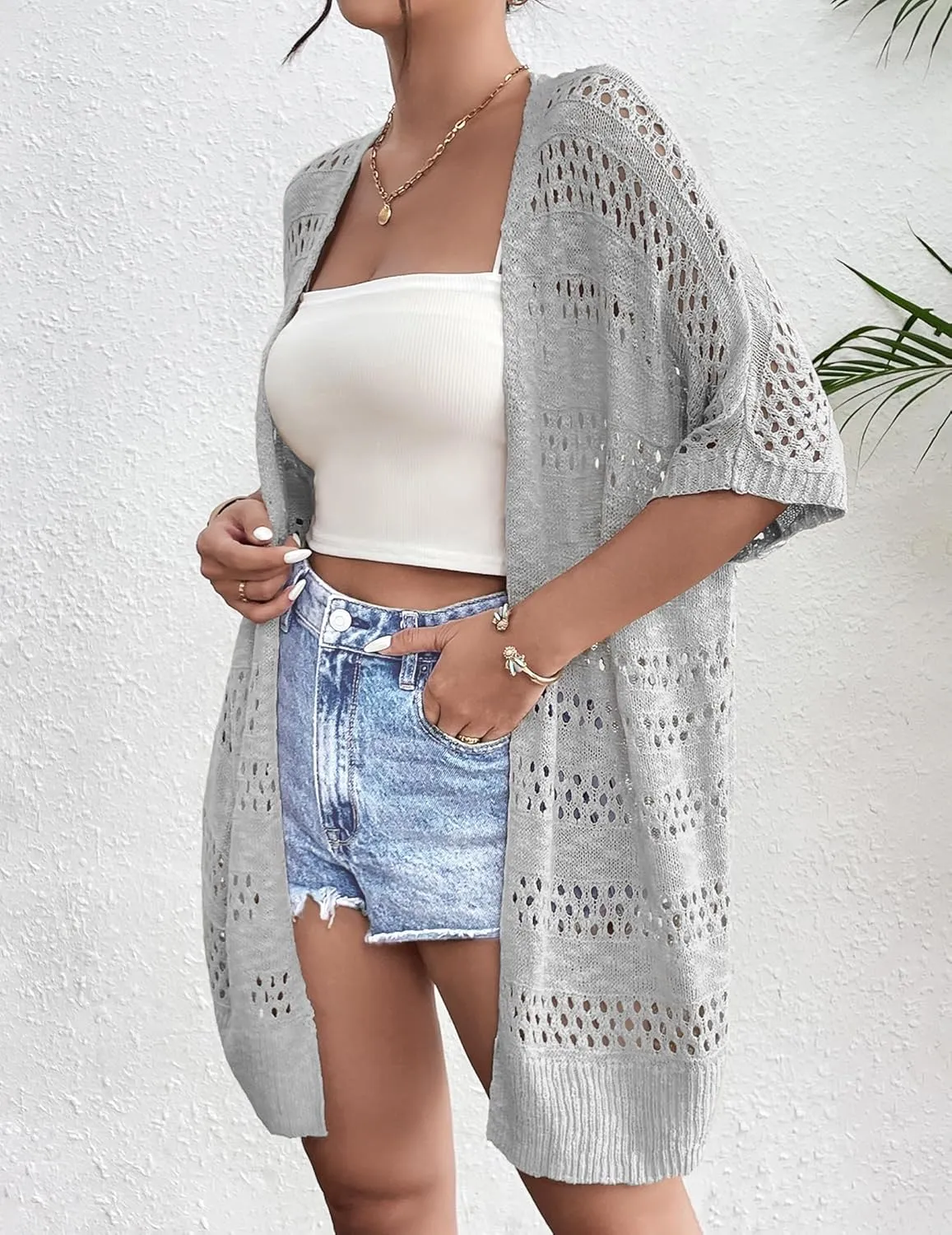 Zeagoo Lightweight Summer Crochet Cardigan for Women Short Sleeve Kimono Boho Oversized Open Front Knitted Cardigan