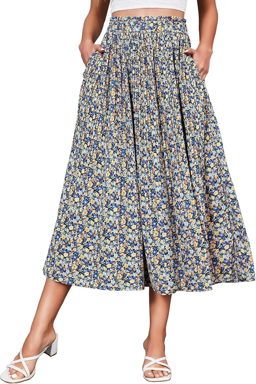 Zeagoo Women's Midi Skirts High Waisted Pleated A-Line Swing Skirts Summer Floral Long Skirts with Pockets Yellow Blue XXL