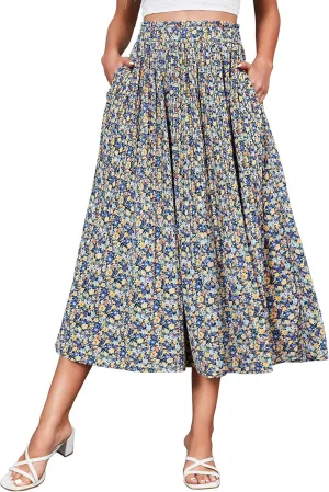 Zeagoo Women's Midi Skirts High Waisted Pleated A-Line Swing Skirts Summer Floral Long Skirts with Pockets Yellow Blue XXL